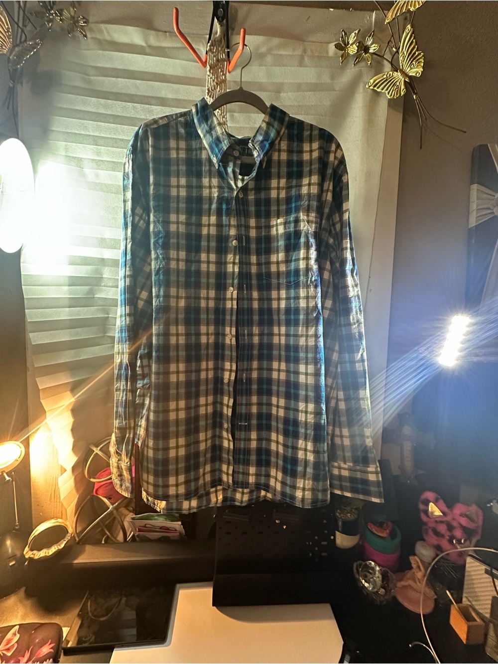 Old Navy Blue and White Plaid Button-Down Shirt